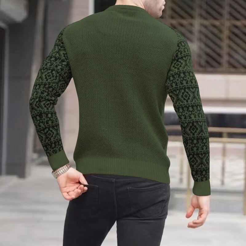 Bonsir Vintage Pattern Patchwork Long Sleeve Sweater Men Autumn Fashion Crew Neck Knitted Tops Pullover Mens Casual Slim Knit Sweaters