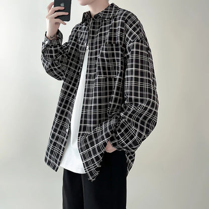 sanyamk 4 Colors Plaid Men Blouses Harajuku Checked Shirts Men High Quality Autumn New Oversize Streetwear Retro Men's Handsome Shirt