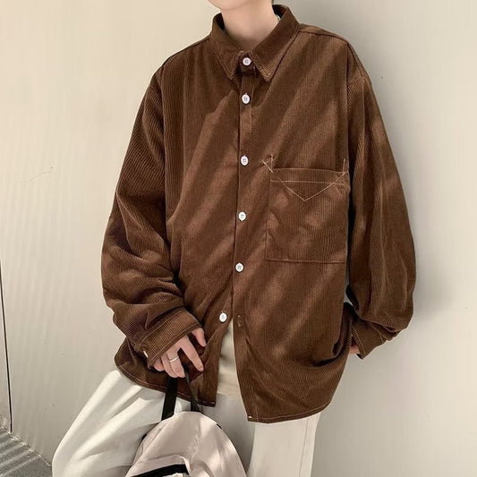 sanyamk Autumn Brown Corduroy Shirts Men Fashion Retro Pocket Casual Shirts Mens Japanese Streetwear Loose Long Sleeve Shirts Men M-2XL