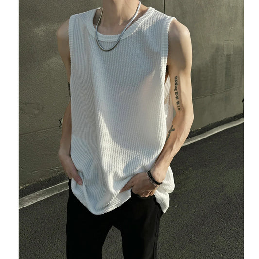 sanyamk Men O-Neck Sleeveless Vertical Stripe TShirts Summer Loose Casual Tank Tops Man Fashion Oversized Singlets Male Clothing