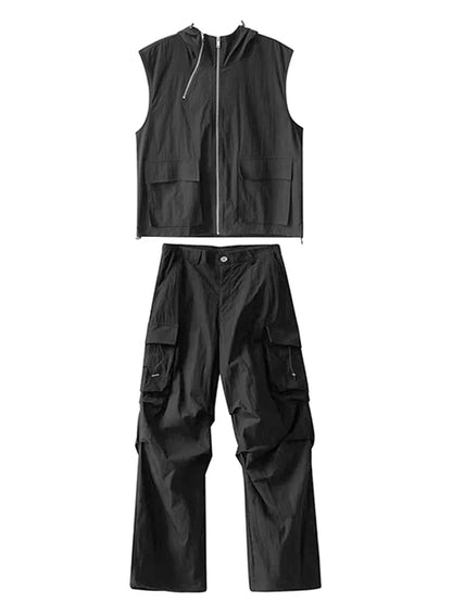 sanyamk Cargo Pants Sets Vest Hooded Summer 2 Piece Outfit Japanese Sleeveless Suit Male Korean Streetwear Hip Hop Plus Size 5XL