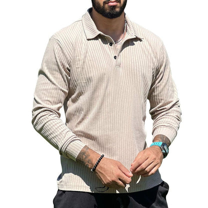 Bonsir Fall Casual Mens Polo Shirt Solid Color Ribbed Lapel Buttoned Long Sleeve Pullover Tops Men Clothes Leisure Daily Polo Tees