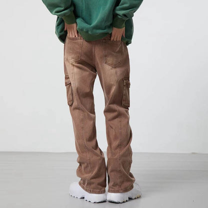 sanyamk High Street Washed Pockets Retro Jeans Pants for Men Straight Distressed Casual Baggy Denim Trousers Loose Hip Hop Cargos