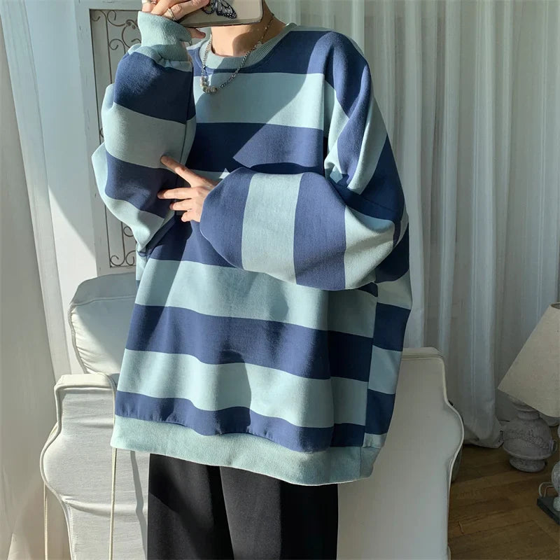 sanyamk  -  Men Women Classic Striped Hoodies Couple O-neck Loose Sweatshirt Spring Autumn Male Hip Hop Streetwear Casual Trend Pullovers