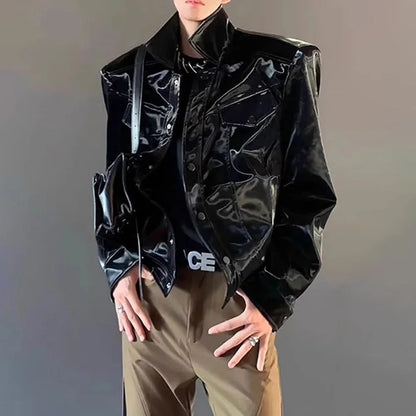 sanyamk Mens Pu Leather Jacket Shiny Shoulder Pad Leather Jacket Autumn Streetwear Biker Pu Leather Long-Sleeve Top Men'S Clothing 2024