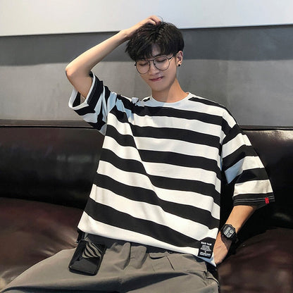 Bonsir New stripe Mens T Shirt Cotton  Summer  Male Oversized Tee Shirts 5XL Big Size Japanese Harajuku street Fashion Clothing