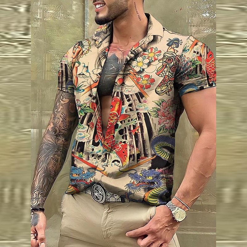 Bonsir Fashion Skull Printed Short Sleeve Shirts Men's Beach Clothes Summer Casual Button-up Lapel Shirt Tops Men Streetwear Shirt