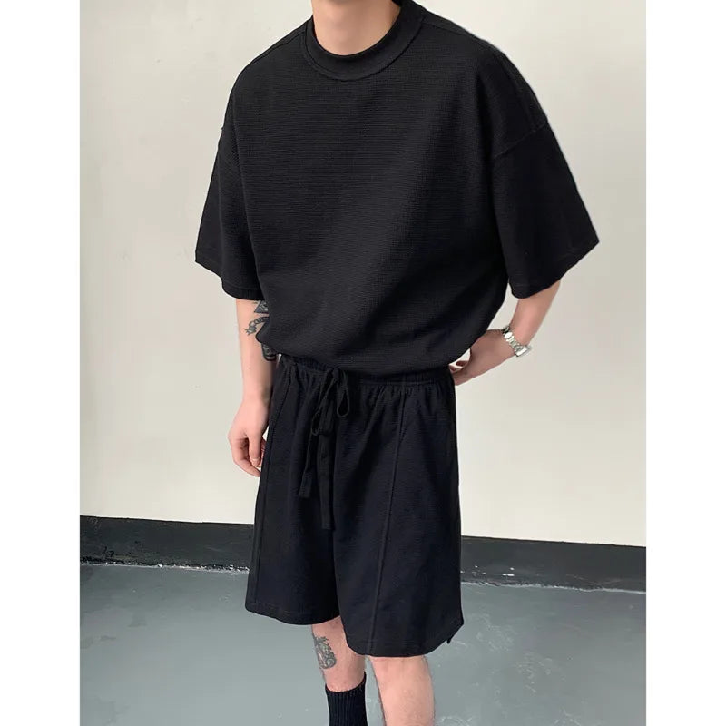 sanyamk  -  Summer Set Men Fashion Black Green Sports Set Men Streetwear Korean Loose Short Sleeved T-shirts Shorts Set Mens Short Sets