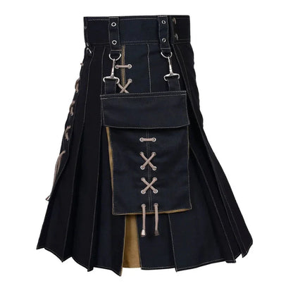 sanyamk Mens Pocket Tie Rope Scottish Skirt 2024 New Genderless Casual Fashion Medieval Retro Steampunk Contrast Color Skirt Unisex