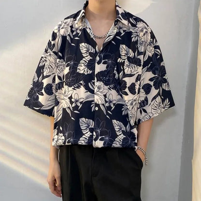 sanyamk Summer Printing Short Sleeve Shirt Men Fashion Society Mens Dress Shirt Korean Loose Ice Silk Shirts Mens Hawaiian Shirt