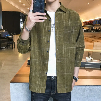 sanyamk Autumn and Winter Men's Loose Long-sleeved Shirt Jacket Top Lapel Pocket Thin Shirt Oversize Clothes for Men Student