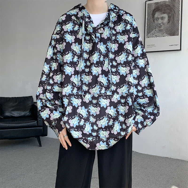 sanyamk Men Vintage Printed Hoodies Sweatshirt Fashion Streetwear Casual Men's Floral Loose Pullovers Pocket Hoodies Black/Khaki