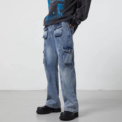 sanyamk High Street Washed Pockets Retro Jeans Pants for Men Straight Distressed Casual Baggy Denim Trousers Loose Hip Hop Cargos