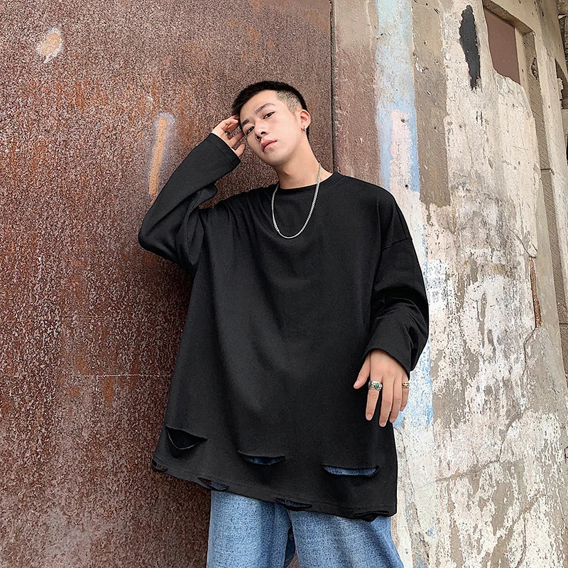 sanyamk  -  Men's Long Sleeved T-Shirt Solid Color Bottom Shirt Spring Fashion Brand Hem Hole Design Street Loose Hip-Hop T-Shirt