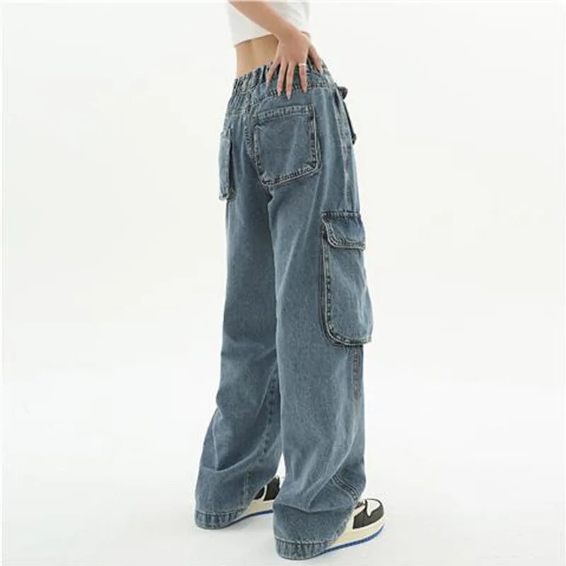 sanyamk Vintage Oversize Cargo Jeans Women Streetwear Fashion Wide Leg Pants Denim Elastic Waist Baggy New Straight Casual Trousers