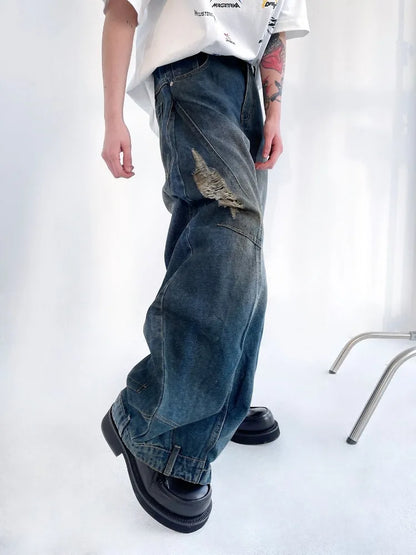 sanyamk Hip Hop Ripped Jeans Men High Street Male Distressed Denim Wide Leg Pants Casual Trousers Vintage Streetwear Loose