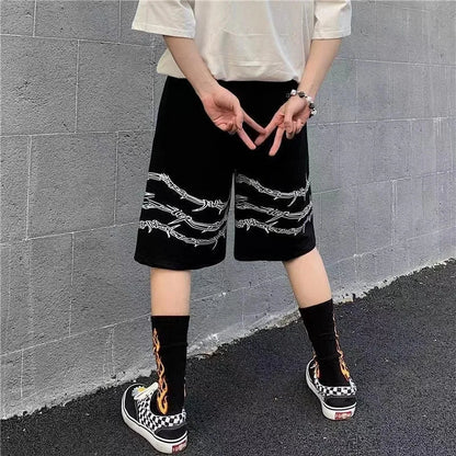 sanyamk Summer trend ins dark high street hip-hop print personality casual shorts men's elastic waist tie quick-drying pants