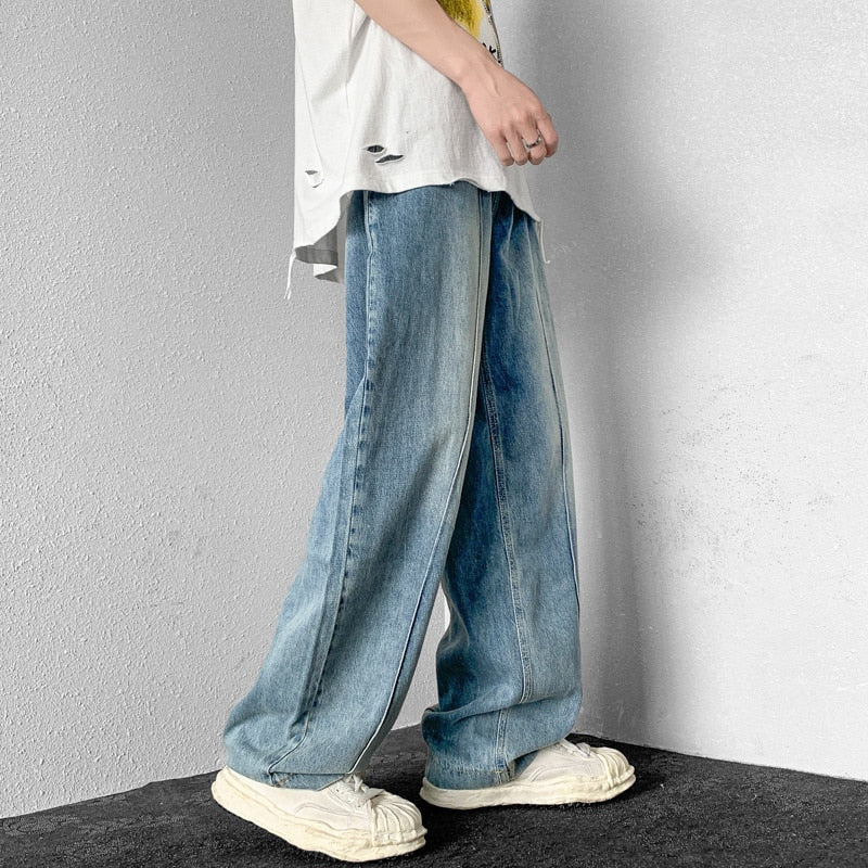 Bonsir Summer Blue/White Baggy Jeans Men Fashion Casual Straight Jeans Mens Streetwear Loose Hip Hop Wide Legs Denim Pants Men M-2XL