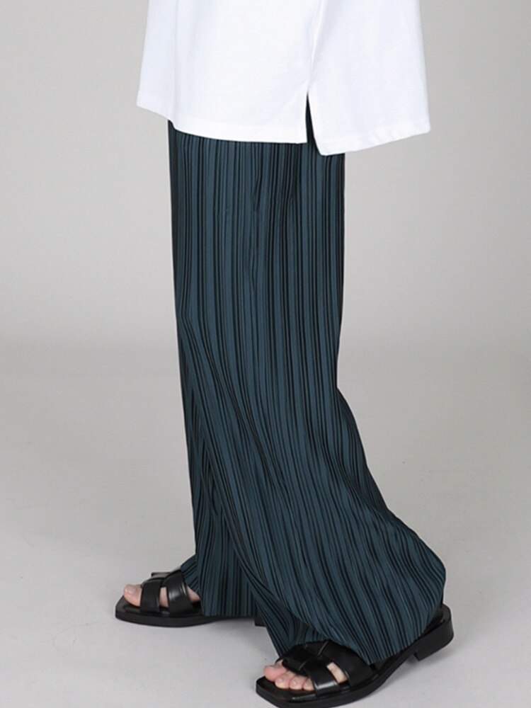 Bonsir Men Clothing Spring Autumn Ice Silk Pleated Wide Leg Pants Elastic Waist Causal Loose Straight Trousers For Male