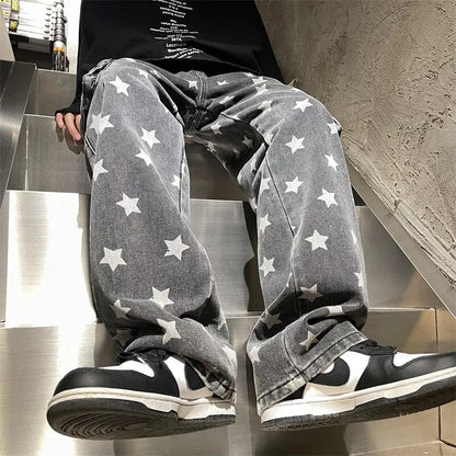 Bonsir American Washed Street Hip Hop Men's Jeans Vintage Star Big Pocket Loose Straight Black Workwear Jeans Brand Men's Pants