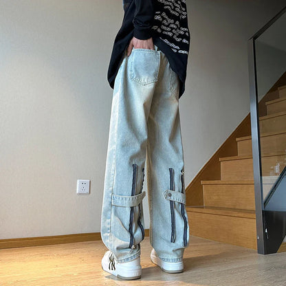 sanyamk American Zipper Design for Men's Jeans Street Hip-hop Straight Tube Loose Wide Leg Pants Y2K Pants Baggy Jeans