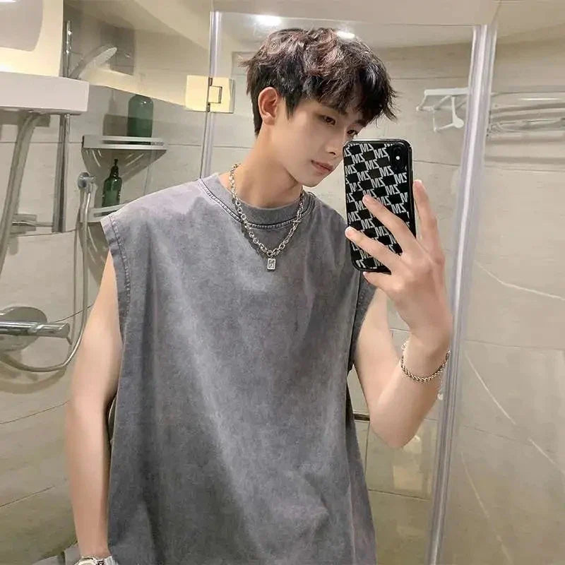 Bonsir Vintage Heavyweight Sleeveless t-shirt Men's Summer Loose Large Size Cotton Sports Fitness Shoulder Tank Top