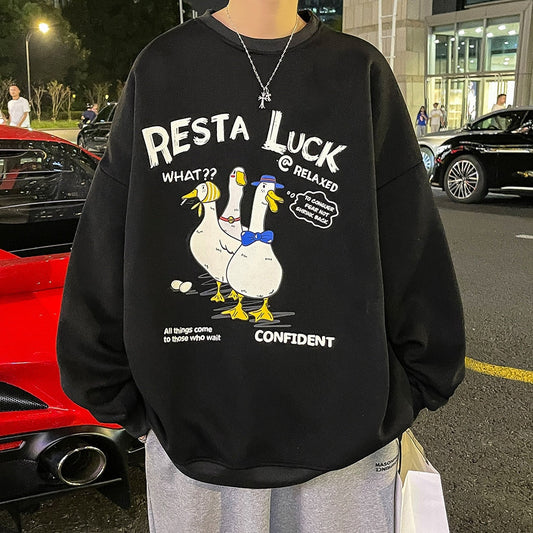 Bonsir Cartoon Duck Graphic Men's Sweatshirts Round Neck Loose Fashion Hoodies Unisex Jumpers Thicken Streetwear Pullovers