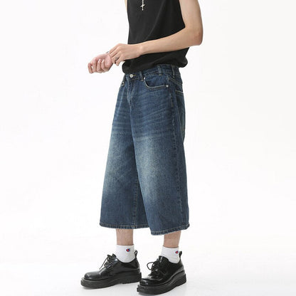 sanyamk Men's Summer New Jeans Korean Style Loose Wide Leg Flare Denim Pants Male Fashion Washed Cropped Trousers Tide