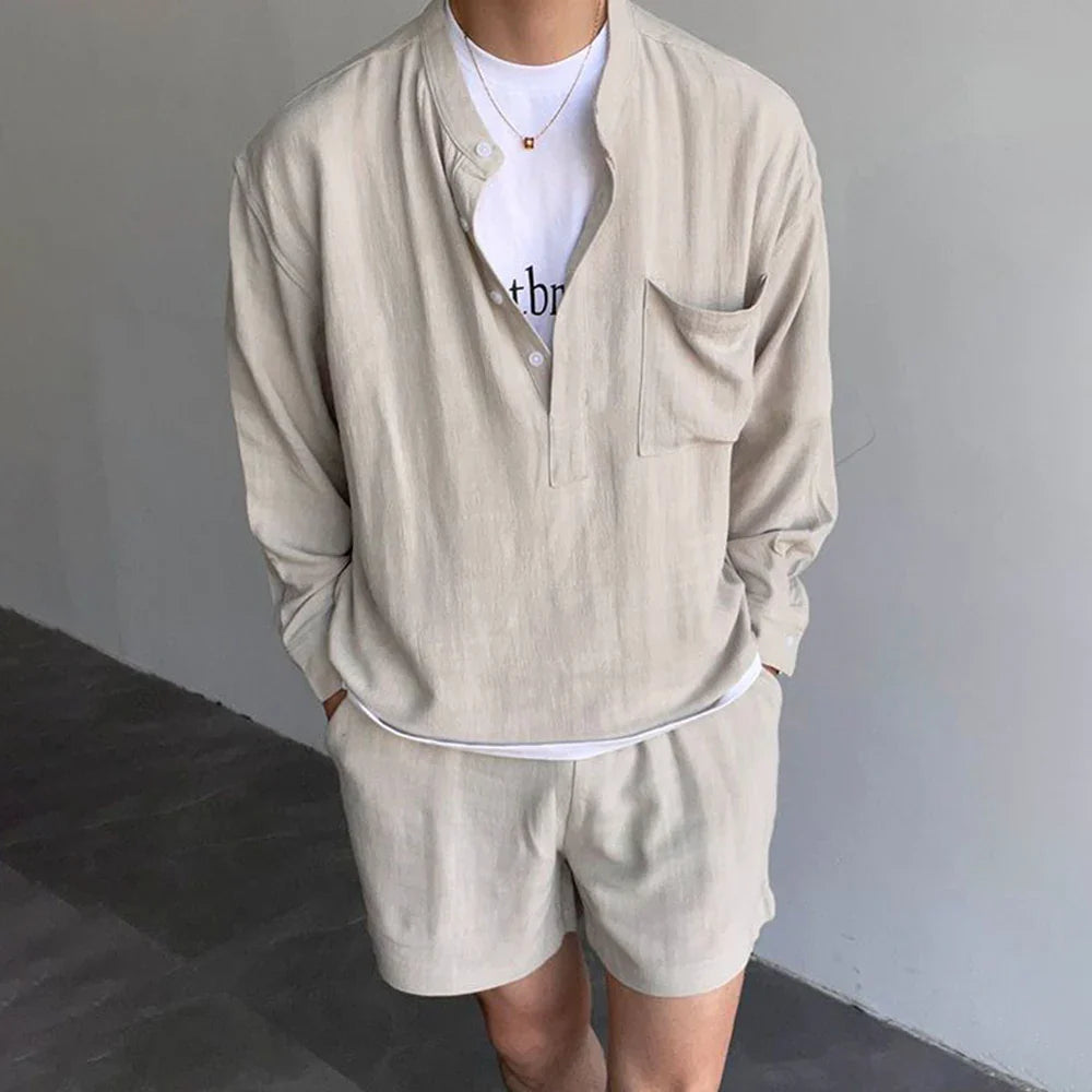 sanyamk Korean Fashion Summer Clothes Men 2 Piece Set Solid Hip Hop V-neck Tops Shorts Streetwear Short Pants Outfits Casual Outer Sets