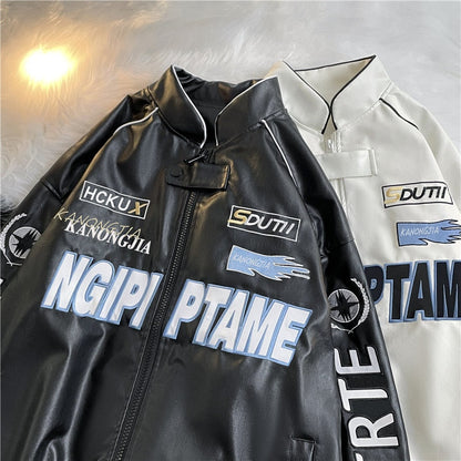 sanyamk American Embroidered Leather Jacket Men Pilot Motorcycle Suit New Fashion Casual Punk Harajuku Oversized Jacket Streetwear