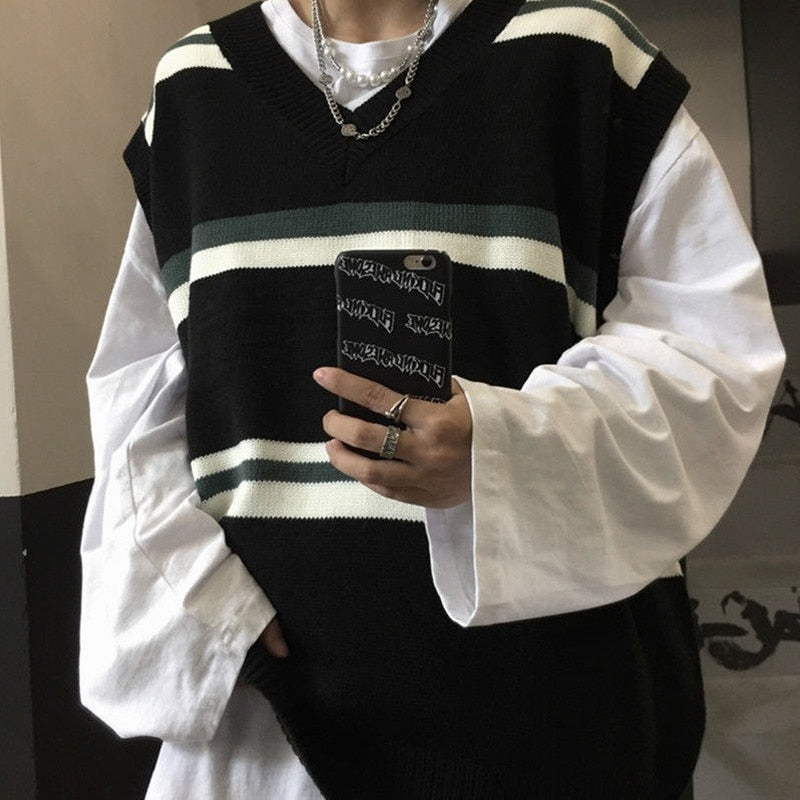 sanyamk Couples Knitted Sweater Vest Japanese Pullover Retro Men Korean Fashion Loose Stripe Loose Casual Harajuku V Neck Golf Vest Men