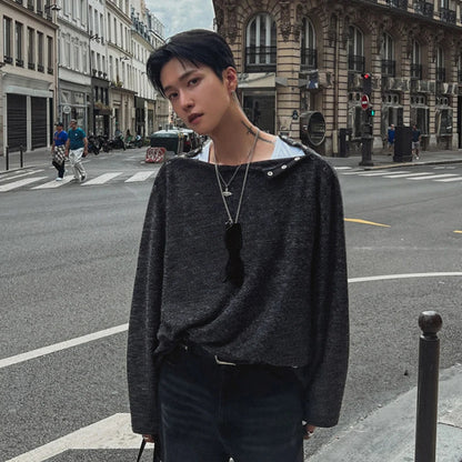 sanyamk  -  Niche Design Men's T-shirts Round Collar Casual Metal Button Tees Long Sleeve Loose Solid Color Male Top New Fashion 9C7904