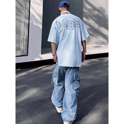 Bonsir American vibe high street men blue overalls men and women summer trend hiphop all-match loose straight couple casual pants