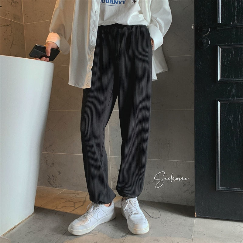 Bonsir Summer Gray/Black Pleated Pants Men Fashion Ice Silk Pants Mens Streetwear Korean Loose Straight Pants Mens Trousers S-2XL