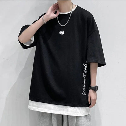 sanyamk Two Pieces T-shirt Men's Hong Kong Style Oversize O-Neck Panel Short Sleeve T-shirt Unisex Hip Hop Patch Design Top