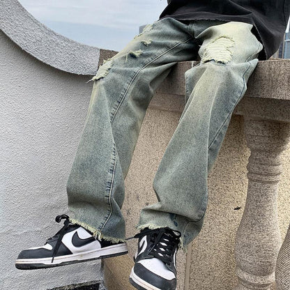 Bonsir Blue green Ripped Vintage Man's Distressed Jeans Streetwear Hole Hip Hop Jean Pants Summer Fashion Straight Denim Trousers