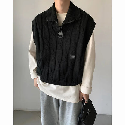 Bonsir Autumn Short Sweater Vest Men Fashion Casual Lapel Knit Pullover Men Korean Loose Zipper Sleeveless Sweater Mens Jumper Clothes