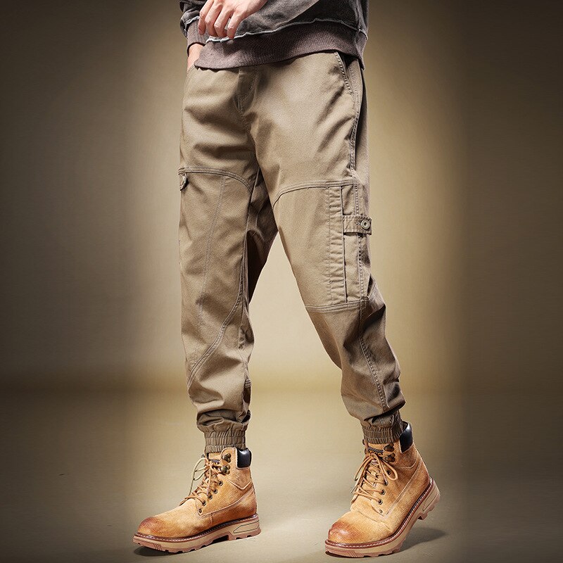 Bonsir Autumn Khaki Cargo Pants For Men New Fashion Handsome Streetwear Loose Casual Army Style Tie Feet Trousers Male Clothing