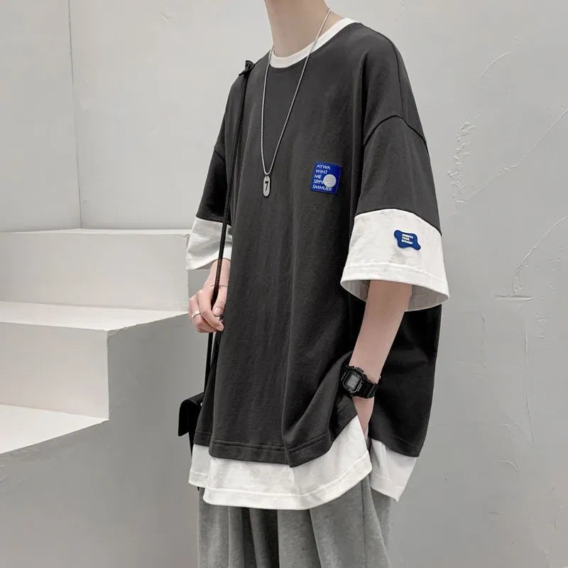 sanyamk Two Pieces T-shirt Men's Hong Kong Style Oversize O-Neck Panel Short Sleeve T-shirt Unisex Hip Hop Patch Design Top