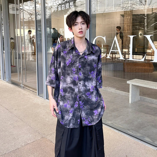 Bonsir Summer Floral Printing Short Sleeve Shirts Men Fashion Casual Loose Shirt Korean Street Style Ice Silk Cool Blouse Mens Shirt