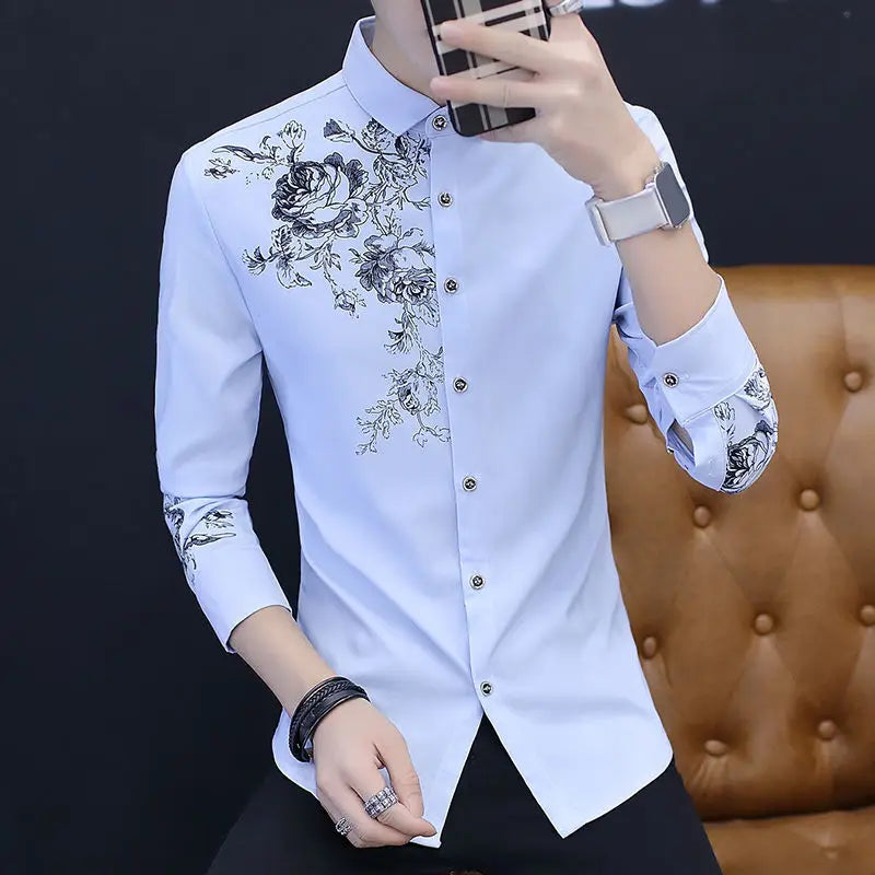 sanyamk Spring Business Casual Long-sleeved Polo Collar Men's Shirt Button Floral Printing Korean Fashion Slimming Fashion Commute Tops