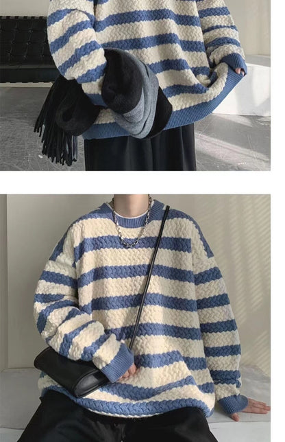 sanyamk Winter Men's Stripe Printing Coats Round Neck Wool Sweater Retro Loose Pullover Fashion Trend Thickened Knitting M-2XL