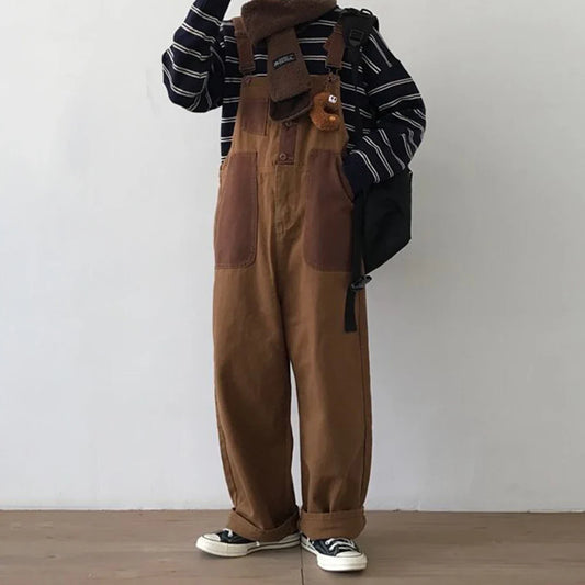 sanyamk Mens Japanese Workwear Style Casual Jumpsuit 2024 New Genderless Fashion Trend Loose Color Blocking Versatile Overalls Unisex