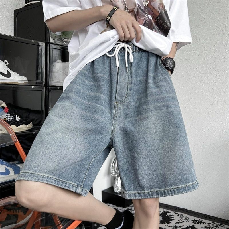 Bonsir Summer Blue Ripped Denim Shorts Men Fashion Casual Hole Denim Shorts Men Streetwear Loose Hip Hop Straight Jeans Shorts Men