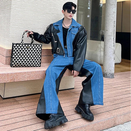 sanyamk New Fashion Men's Set Niche Design Two-piece Patchwork Suit Denim Leather Spliced Short Jacket Straigt Pants