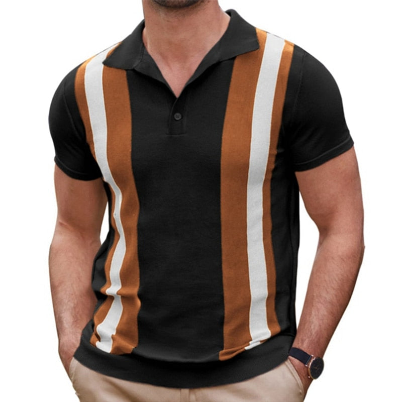 Bonsir Vintage Striped Patchwork Men's Knit Polo Shirt 2023 Spring Summer Casual Short Sleeve Lapel Button Tee Tops Men Clothes Fashion