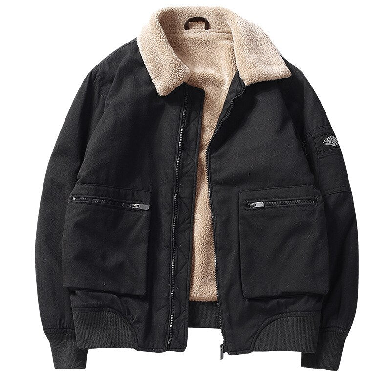 sanyamk Winter Men's Fleece Coat Military Bomber Jacket Big Pockets Lamb Velvet Collar Cargo Jacket Windbreaker Warm Padded Jacket