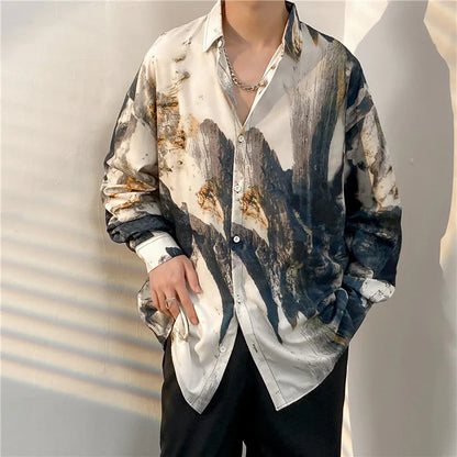 sanyamk Vintage Summer Tie-dyed Painting Shirt Men Hip Hop Loose Long Sleeve Shirt Male Fashion Hawaii Button Long Sleeve Blouse Tops