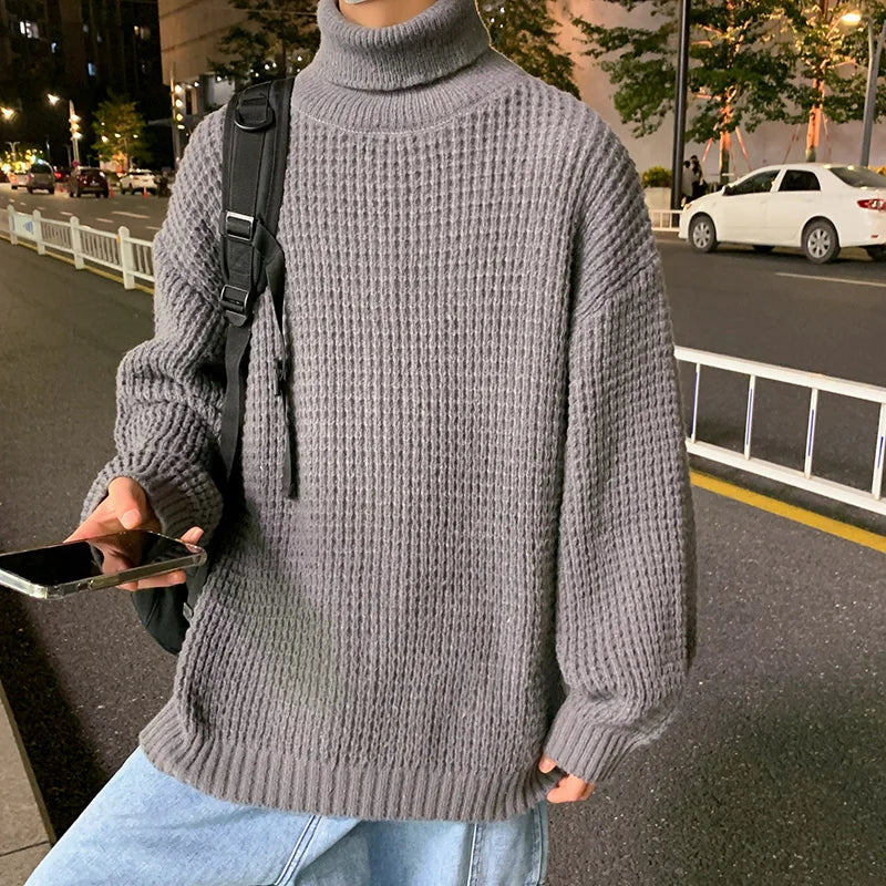 Bonsir High Neck Sweaters Men Korean Fashion Winter Knitted Sweater High Neck Streetwear Solid Color Sweater Men Jumpers