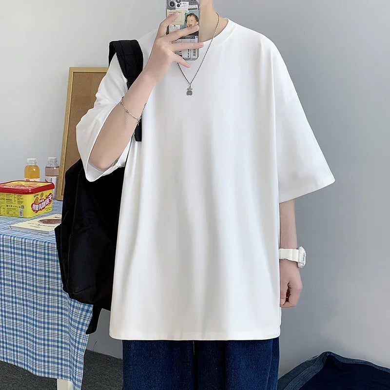 sanyamk  -  Men's Cotton Fashion Tshirt Solid Mens Summer T-shirts 5XL Male Oversized Tee Shirts Funny White Casual T Shirt For Man